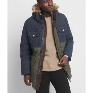 Gap Parka Coat‎ Mens L Heavyweight Colorblock Elbow Patch Hooded Faux Fur